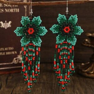 New Holiday Christmas Boho Floral Green & Red Intricate Beaded Earrings
